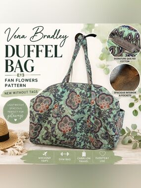 Vera Bradley Fan Flowers Quilted Duffel Bag Mint Green Floral Weekender Travel